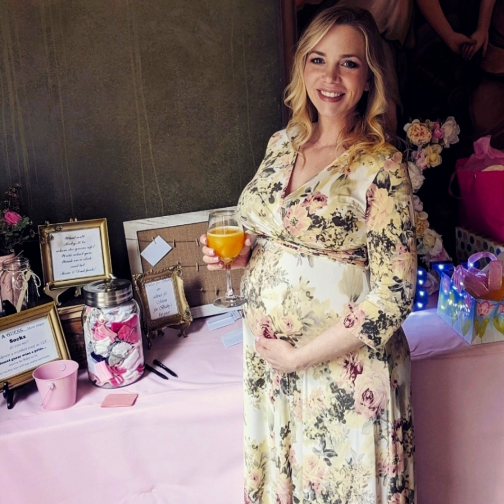 PinkBlush Cream & Green Rose Print Sash Tie Maternity Maxi Dress - SIZE L